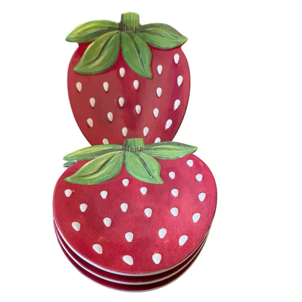 C&C California Strawberry Shaped Melamine Snack Plates 5x7 Set of 4 NEW